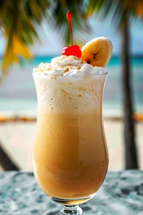 Tropical Bliss Banana Cocktail Banana Rum Drinks, Frozen Alcoholic Drinks Recipes, Dessert Drinks Alcohol, Banana Cocktail, Banana Colada, Banana Cocktails, Banana Liqueur, Frozen Drinks Alcohol, Banana Rum