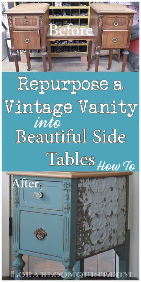 Side Table Makeover, Old Vanity, Diy Side Table, Inexpensive Decor, Thrift Store Decor, Antique Side Table, Antique Vanity, Diy Vanity, Vintage Side Table