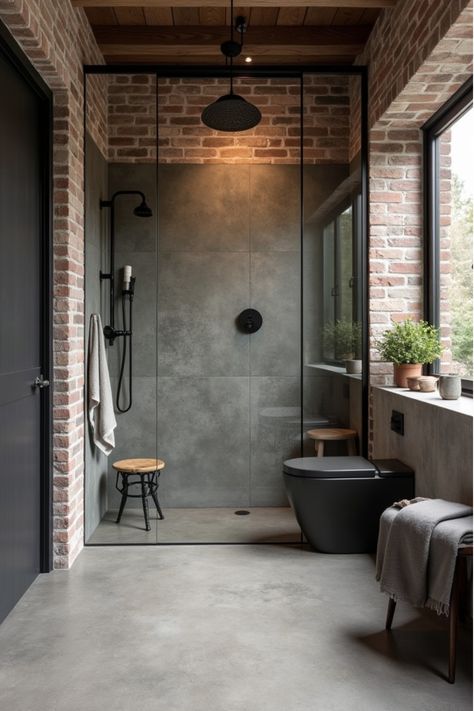 Industrial bathroom with polished concrete waterproof flooring, brick wall, and black framed shower Concrete Tile Shower Walls, Cement Showers, Concrete Style Bathroom, Concrete Wood Bathroom, Cement Shower Floor, Bathroom With Concrete Floor, Cement Shower Walls, Concrete Floors Bathroom, Concrete Tiles Floor