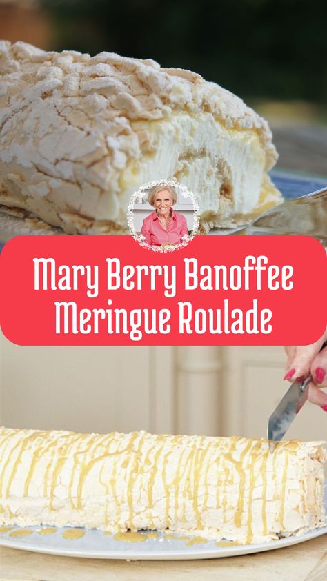 Mary Berry Banoffee Meringue Roulade Meringue Roulade Recipe, Mary Berry Meringue, Roulade Recipe Desserts, Mary Berry Desserts, Pavlova Recipes, Mary Berry Cooks, Meringue Roulade, Roulade Recipe, British Bake Off Recipes