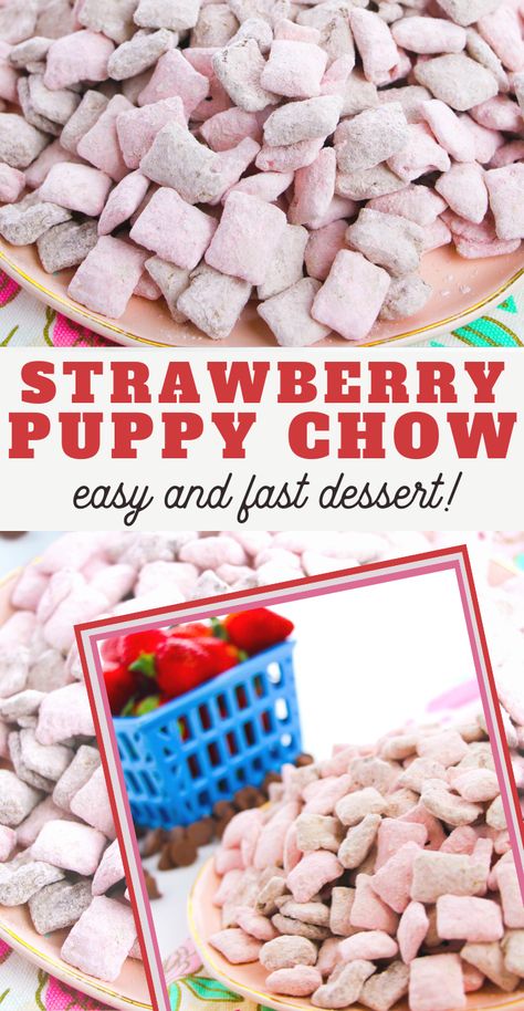 Berry Kix Cereal Recipes, Strawberry Muddy Buddies Recipe, Strawberry Cheesecake Puppy Chow, Strawberry Chex Mix Puppy Chow, Strawberry Muddy Buddies, Strawberry Savory Recipes, Strawberry Puppy Chow Recipe, Strawberry Chex Mix Recipes, Vanilla Chex Mix Recipes