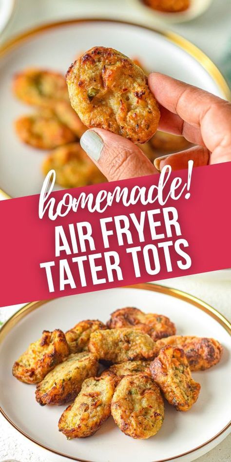 This recipe for quick and easy homemade Air Fryer Tater Tots is made without oil so you can indulge guilt-free! Tater Tots In Air Fryer, Tator Tot Recipe, Sweet Potato Tater Tots, Sweet Potato Tots, Tater Tot Recipes, Potato Tots, Tator Tots, Healthy Potatoes, Tater Tots