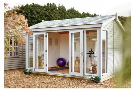 Home Gym Shed Garden Office, Home Gym Backyard, Home Gym Outbuilding, Shed Yoga Studio, She Shed Workout Space, Detached Home Gym, Gym Shed Backyard Diy, Backyard Shed Gym, Gym In A Shed