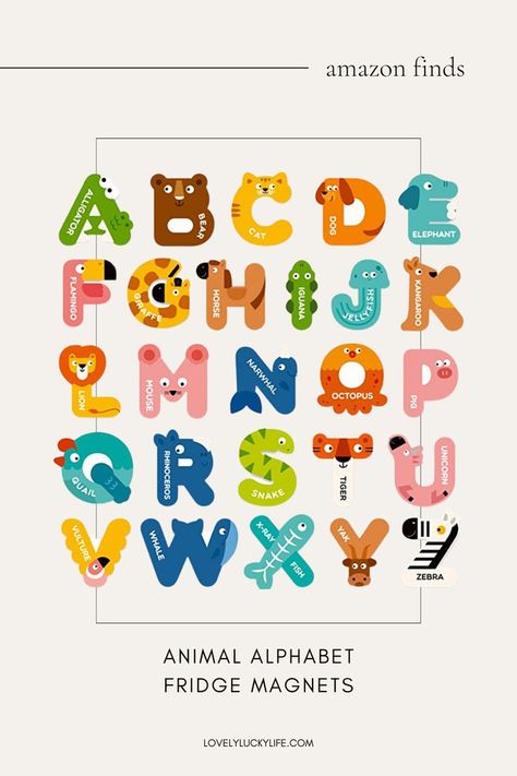 this alphabet letter set of fridge magnets was an easter basket find for my 3 year old but our 6 year old is definitely playing with them more Language Classroom Decor, Happy New Year Calligraphy, Learning For Toddlers, Abc Animals, Magnets For Fridge, Animal Alphabet Letters, Abc Learning, Alphabet Magnets, Holiday Fonts