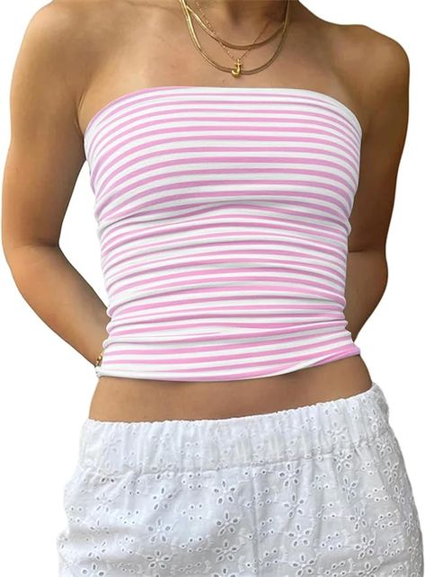 BAIGRAM Women Striped Tube Tops Summer Cute Going Out Crop Top Y2K Slim Fit Strapless Cropped Shirts Bandeau at Amazon Women’s Clothing store Vintage Preppy Aesthetic, Y2k Fashion Aesthetic, Striped Tube Top, Cute Summer Tops, Bandeau Tops, Vest Crop Top, Aesthetic Streetwear, Tube Tops, Backless Top