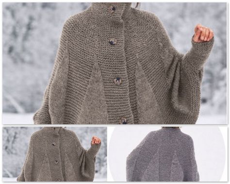 Chaud comme un pull, joli comme une cape, ce modèle qui mélange le point jersey et le point mousse est boutonné devant. Un joyeux... Knitting Projects Sweaters, Crochet Poncho Patterns, Poncho Pattern, Crochet Jacket, Scarf Poncho, Poncho Cape, Crochet Poncho, Knitted Poncho, Loom Knitting