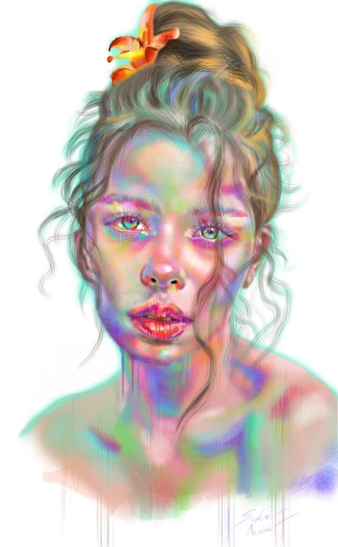 Colorful Skin Painting, Rainbow Portrait Painting, Iridescent Portrait, Rainbow Portrait, Realism Illustration, Figurative Illustration, Face Oil Painting, Skin Paint, Realism Painting