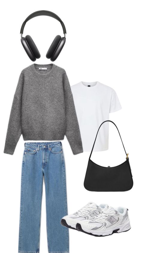 Achieve the perfect blend of comfort and style with this trendy outfit! Start with a soft grey knit layered over a classic white tee for a relaxed vibe. Pair it with your favorite blue jeans for a timeless look, and step into New Balance 530 sneakers for a sporty touch. Complete the ensemble with a sleek black bag and stylish black Air Max headphones for that urban edge. Perfect for casual outings or lounging in style! 🎧✨ #CasualChic #FashionInspo #OOTD Air Max Headphones, New Balance 530 Outfit, Headphone Outfit, Max Headphones, New Balance Outfit, New Balance White, White Headphones, Grey Outfit, Trendy Outfit