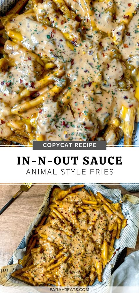 2 photos of in-n-out animal style fries with sauce served in a tray lined with baking paper. Copycat Snacks, Animal Style Sauce, In And Out Sauce, Animal Style Fries Recipe, In N Out Sauce, Scampi Fries, Mumbo Sauce, Korean Food Side Dishes, Food For A Party