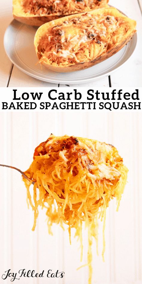 Low Carb Stuffed Spaghetti Squash - Grain-Free, Gluten-Free, THM S - Baked spaghetti squash is a delicious side dish. This baked spaghetti squash is loaded with zucchini, peppers, onions, cheese, and tomato sauce making it a filling addition to any meal. #lowcarb #lowcarbrecipes #lowcarbdiet #thm #trimhealthymama #glutenfree #grainfree #glutenfreerecipes #recipes Baked Spaghetti Squash Recipes, Stuffed Spaghetti Squash, Cheese And Tomato, Baked Spaghetti Squash, Meals Ideas, Low Carb Meal, Joy Filled Eats, Spaghetti Squash Recipes, Ideas Videos