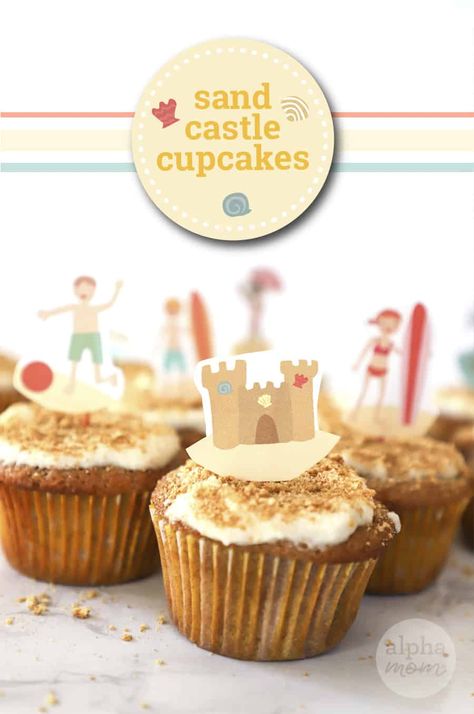 Beachy Fun and Sandcastle Cupcakes by Brenda Ponnay for @alphamom.com Sandcastle Cupcakes, Castle Cupcakes, Winter Cupcakes, Beach Themed Crafts, Vanilla Cupcake Recipe, Kid Cupcakes, Filled Cupcakes, Cupcake Tins, Easy Cupcakes