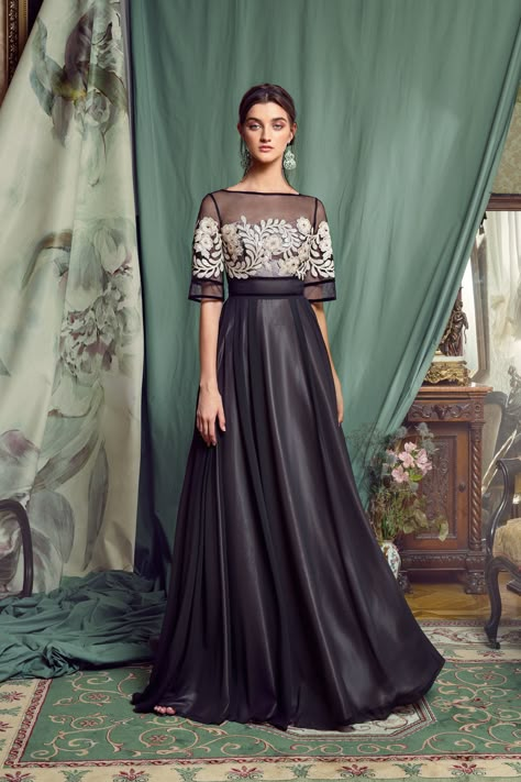 Style #453 is an elegant evening gown with ivory embroidery, sheer black fabric constructing the neckline and shoulders, and long satin black skirt. Brial Dress, Dreams List, Classy Evening Gowns, Pleats Fashion, Dresses By Pattern, Shrug For Dresses, Cotton Outfit, Designer Evening Gowns, Party Clothes