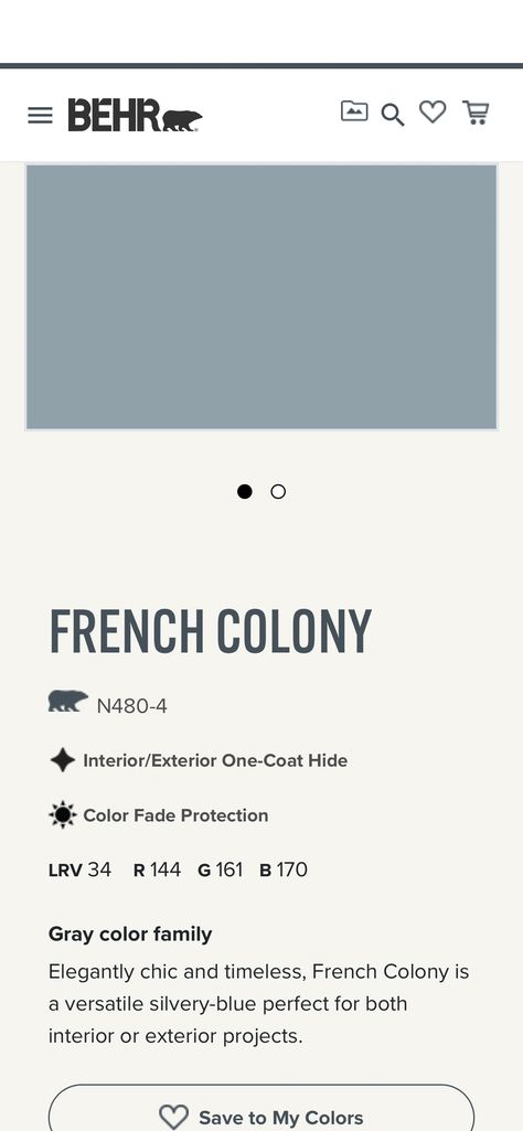 FRENCH COLONY is one of over 3,000 colors you can find, coordinate, and preview on www.behr.com. Start your project with FRENCH COLONY now. French Colony Behr, French Colony Behr Paint, Behr French Colony, Blue Behr Paint, French Blue Paint, Behr Colors, Roof Paint, Behr Paint Colors, Farmhouse Paint Colors