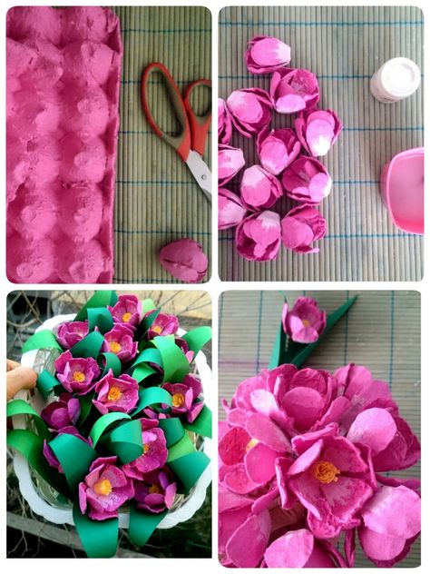 Paper spring flowers are made by eggs card box. #springcraftsforkids Paper Spring Flowers, Egg Box Craft, Paper Spring, Egg Card, Beaded Flowers Patterns, Egg Carton Crafts, Egg Tray, Egg Box, Spring Crafts For Kids