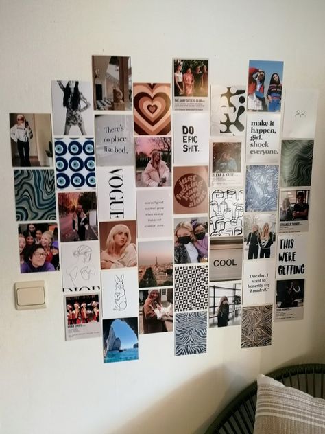 Wall Photo Aesthetic, Ways To Put Photos On Wall, Photos On The Wall Ideas Bedrooms, Wall Collage Set Up Ideas, Room Wall Decor Aesthetic Pictures, Room Decor Ideas With Photos, Aesthetic Wall Decor Bedroom Pictures, Wall Polaroid Collage Ideas, 4x6 Wall Collage