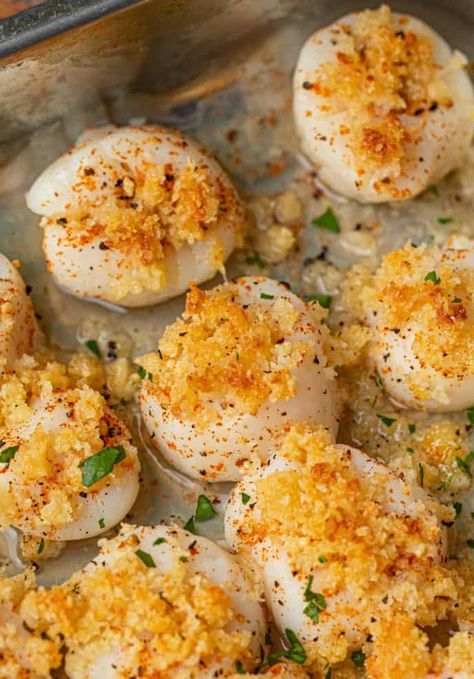 Crispy Baked Scallops are buttery and crispy with panko, Parmesan Cheese, paprika, butter and olive oil baked in just 15 minutes. #scallops #seafood #bakedscallops #dinner #easy #dinnerthendessert Scallop Recipes Baked, Crispy Salmon Recipe, Boil Recipes, Scallops Recipe, Baked Scallops, Seafood Bake, Crab Stuffed, Shell Fish, Seafood Recipe