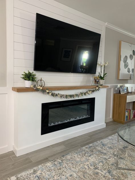 Wall Fireplace With Mantle, Built In Shiplap Fireplace, Built In Electric Fireplace And Tv Shiplap, Fireplace Insert With Mantle, In The Wall Fireplace, Small Wall Living Room Decor, Diy Fireplace Under Tv, Tv Wall Ideas Vaulted Ceiling, Natural Wood Shiplap Fireplace