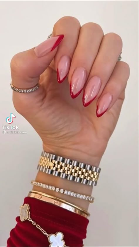 Red Nail Designs Classy Coffin, Nails 2023 Trends Long Almond, Acrilyc Nails Ideas Red, Red Multicolor Nails, Almond Nails Designs Summer Red, Red Pointed French Tip Nails, Stilleto Nails French Tip Red, Red Tip Acrylic Nails Almond, Red Spring Nails Acrylic