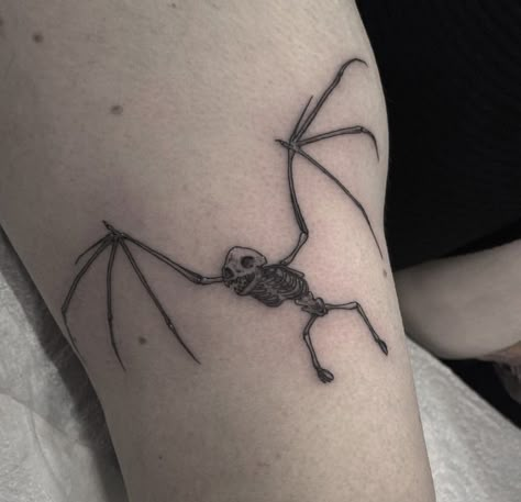 Bat Tattoo Skeleton, Bat Skeleton Drawing, Gothic Fine Line Tattoo, Cat Skeleton Tattoo, Bat Skeleton Tattoo, Small Dark Tattoos, Animal Skeleton Tattoo, Tattoo On Hip Bone, Warrior Tattoo Sleeve