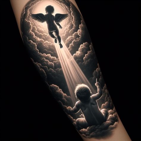 Angel And Clock Tattoo, Police Memorial Tattoo, Angel In Clouds Tattoo, Mens Angel Tattoo, Baby Angel Tattoo For Men, Gabriel Angel Tattoo, Heaven Tattoos For Men, Angel Tattoo For Men, Heavenly Tattoo