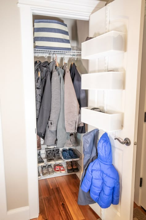 Coat Closet Drop Zone, Coat Closet Paint Color, Tall Coat Closet Organization, Small Coat And Shoe Closet, Organizing Coat Closet, Coat Closet Organization Under Stairs, Family Coat Closet, Organize Small Coat Closet, Family Coat Closet Organization