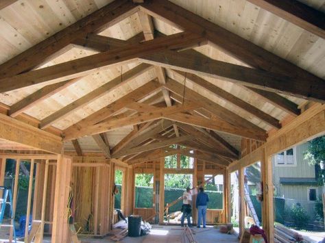 Vaulted Natural Wood Beams Garage Ceiling Ideas Scissor Truss Ceiling, Scissor Truss, Timber Frame Joinery, Roof Truss Design, Wood Truss, Timber Truss, Timber Frame Construction, Roof Trusses, Rustic Home Design