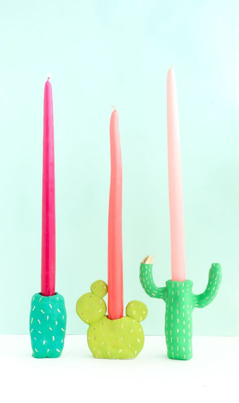 DIY Clay Cactus Taper Candle Holders Clay Cactus, Cactus Candle, Itsekovettuva Savi, Clay Candle Holders, Cactus Candles, Cactus Craft, Baby Shower Favors Diy, Clay Inspo, Clay Candle