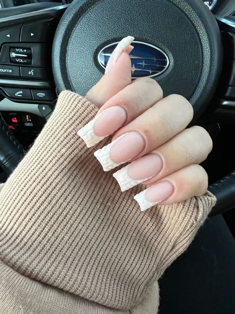 Textured French Tip Acrylic Nails, Brown Sweater Nails Acrylic, White French Tip Sweater Nails, Sweater Tip Nails, Sweater Nail French Tips, Sweater French Nails, Sweater Nails French Tip, French Tip Sweater Nails, Textured French Tip Nails