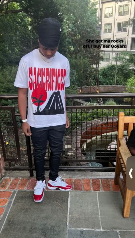 Cherry 11 Outfits Men, Jordan Cherry 11s Outfit Men, Cherry Red 11s Outfit Men, Jordan 11 Outfit Men Style, Red Drip Outfit Men, Hype Clothing Boys, Dunks Outfit Woman, Mens Streetwear Outfits, Jordan Fits