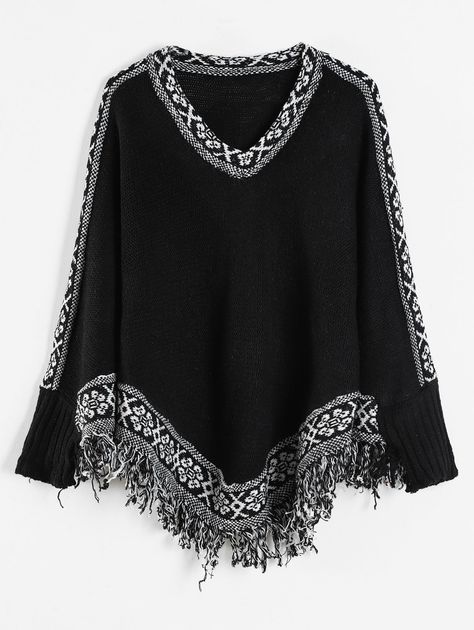 Batwing Plus Size Fringed Sweater Fringe Cape, Sweaters Black, Cape Sweater, Embellished Sweaters, Fringed Poncho, Hem Sweater, Fringe Sweater, Knit Wrap, Plus Size Sweaters