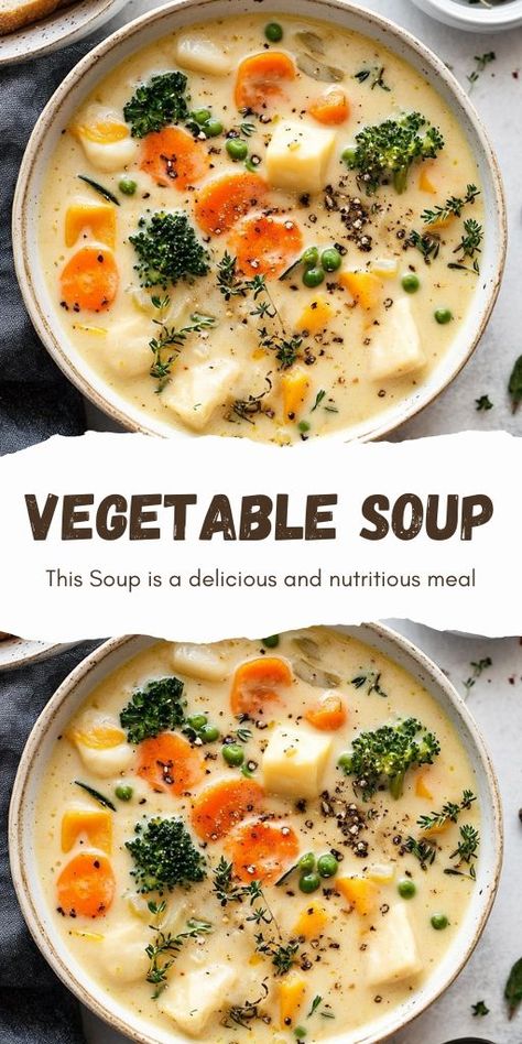 This hearty and comforting One-Pot Creamy Vegetable Soup is a delicious and nutritious meal perfect for cozy nights in! 🥕🥦🍲 Packed with vibrant veggies, a rich, creamy broth, and full of flavor, this soup is a quick and easy option for lunch or dinner.  Plus, it’s all made in one pot for easy cleanup! 🙌  ✨ Make this creamy vegetable soup today and enjoy a warm, nourishing bowl! ✨  #CreamyVegetableSoup | #HealthyRecipes Vegetarian Creamy Potato Soup, Vegetarian Comfort Soup, Quick And Easy Veggie Soup, Vegetable Soup With Leeks, Cozy Vegetarian Soups, Creamy Veggie Soup Recipes, Vegetable Broth Soup Recipes, Best Vegetarian Soups, Soups With Vegetable Broth