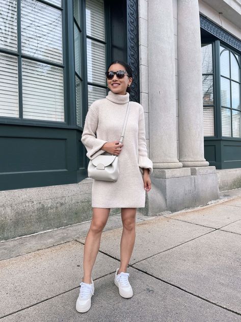 Chunky Sweater Dress, Sweater Dress Petite, Chunky Knit Sweater Dress, Fitted Knit Dress, Extra Petite, Sweater Dress Outfit, Ribbed Sweater Dress, Chunky Knit Sweater, White Leather Sneakers