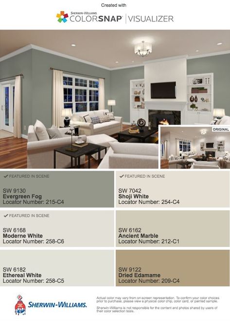 Evergreen Fog Shiplap, Shoji White Trim, Living Room Palette, Lake House Paint Colors, Room Palette, Evergreen Fog, Shoji White, Willow House, Soul Care