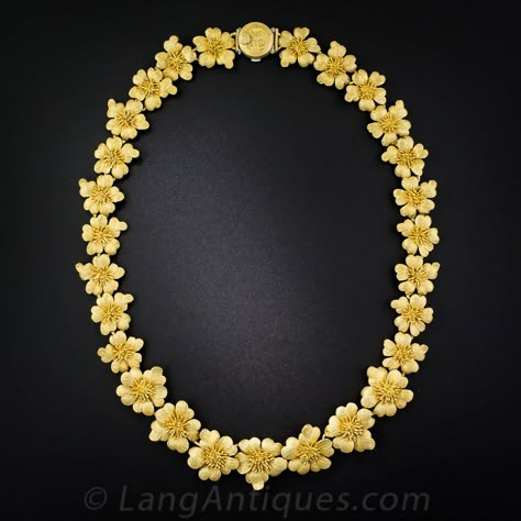 Goldmaster Pure Gold Flower Necklace | From a unique collection of vintage more necklaces at https://www.1stdibs.com/jewelry/necklaces/more-necklaces/ Gold Necklace Name, Gold Flower Necklace, Pure Gold Jewellery, Gold Necklace Indian, Necklace Name, Antique Bridal Jewelry, Gold Mangalsutra, Gold Ring Designs, Gold Bangles Design