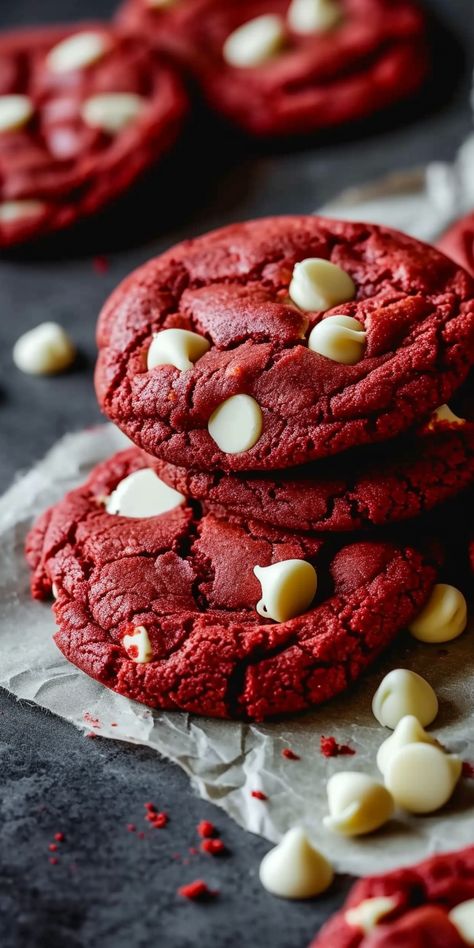 Red Velvet Cookies Aesthetic, Biscotti Aesthetic, Red Christmas Cookies, Redvelvet Cookies, Galletas Red Velvet, Red Velvet Chocolate Chip Cookies, Chocolate Chip Cookies Easy, Red Velvet Chocolate, Cookies Aesthetic