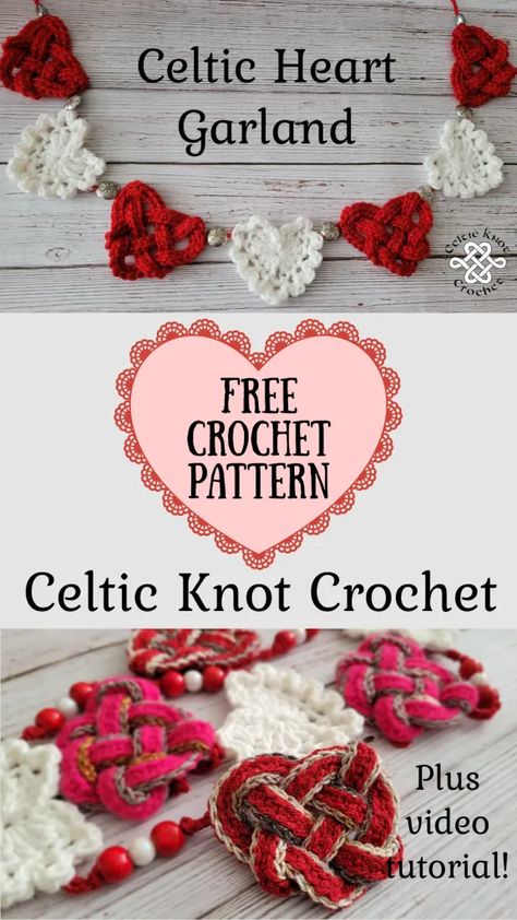 Heart Garland Crochet Pattern, Celtic Knot Crochet, Crochet Celtic, Crocheted Hearts, Crochet Heart Garland, Celtic Crochet, Crochet Valentine, Celtic Heart Knot, Crochet Valentine Patterns