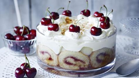 Homemade Swiss roll and soaks up the sherry and adds a special decorative touch to this party-time mega-trifle. Cherries Dessert, Mary Berry Recipe, Berry Trifle, Bbc Food, Trifle Recipe, British Bake Off, British Baking, Berries Recipes, Great British Bake Off