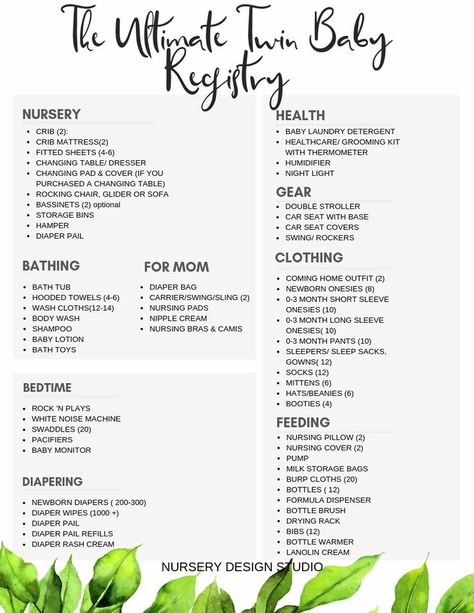 Ultimate twin baby registry list & Ultimate Twin Nursery Design Guide #twins #twinnursery #twinning Twin Baby Registry Checklist, Modern Twin Nursery, Twin Baby Gear, Crib Safety, Nursery Layout, Stroller Storage, Twin Nursery, Baby Registry List, Registry List