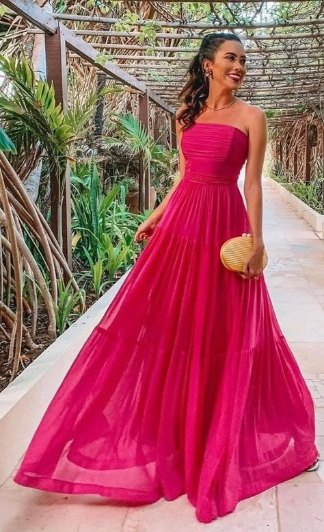 Fucsia Dress Outfit Wedding, Pink Night Dress, Long Pink Dress, Pink Party Dress, Dream Prom Dress, Prom Dress Inspo, Pink Long Dress, Dream Prom, Pink Gown