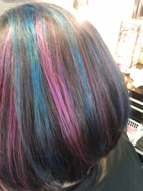 blue pink and black hair color for brunettes Blue And Pink Skunk Stripe Hair, Blue And Pink Highlights In Brown Hair, Pink Blue Black Hair, Blue And Pink Highlights In Black Hair, Pink And Blue Streaks In Hair, Black Blue And Pink Hair, Pink And Blue Hair Highlights, Pink And Blue Hair Streaks, Blue And Pink Highlights