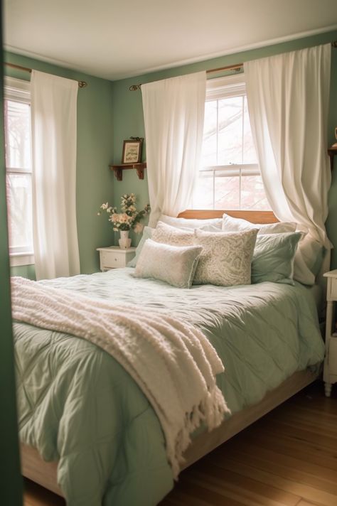 Pale Green Bedrooms, Seafoam Green Bedroom, Light Green Rooms, Light Airy Bedroom, Green Room Ideas Bedroom, Light Green Bedrooms, Mint Green Bedroom, Mint Green Rooms, Mint Bedroom