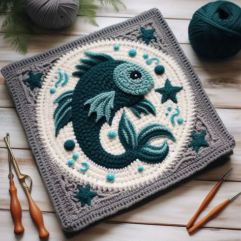 Beautiful Fish Crocheted Blanket Square Fish Blanket, Unique Crochet Blanket, Crochet Sea Creatures, Crochet Square Blanket, Crochet Fish, Granny Square Crochet Patterns Free, Crochet Lion, Crocheted Blanket, Crochet Blanket Designs