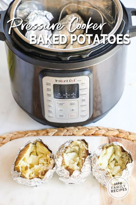 Easy potatoes in a pressure cooker! This Instant Pot Baked Potatoes recipe is the easiest, quickest way to make super fluffy perfect potatoes for any day of the week! Not only is the taste and texture amazing, but they cook in a fraction of the time. These Instant Pot Baked Potatoes are perfect for making loaded baked potatoes, or using to make hashbrowns, fried potatoes, or other potato dishes. This is a great snack recipe that works any day, any time! Bake Potatoes In Instant Pot, Instant Pot Baked Potatoes Russet, Ninja Speedi Baked Potato, Crockpot Baked Potatoes With Foil, Baked Potatoes In Ninja Foodi, Baked Potatoes In Instapot, Baked Potato Instant Pot, Baked Potatoes Instant Pot, Make Hashbrowns