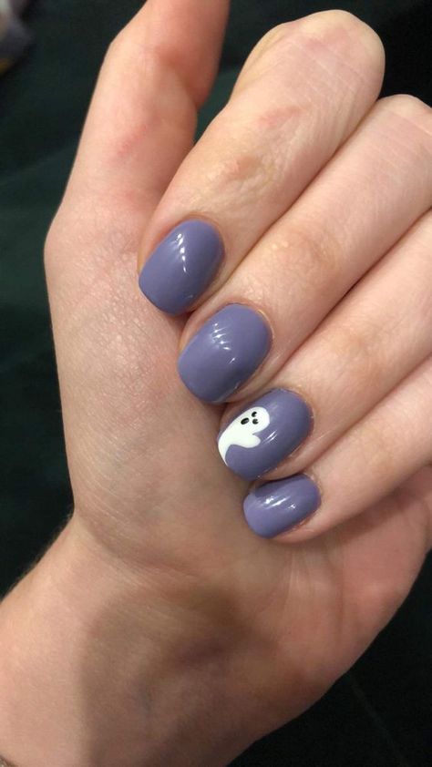 Black Nails With Ghost On Ring Finger, Blue Halloween Nails Short, Cute Halloween Nail Designs Short, Ghost Toenails, Light Blue Halloween Nails, Pastel Ghost Nails, Easy Halloween Nail Designs For Short Nails, Simple Halloween Nail Designs Short, Fall Ghost Nails