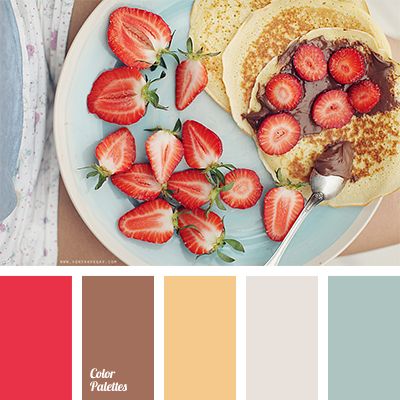 Deep red and bright blue, classic white and pale colour of sunflower leaves - it should seem like all these colours are not suitable for mixing with each o. In Color Balance, Strawberry Color, Color Palette Ideas, Wall Living Room, Summer Breakfast, Color Palette Yellow, Palette Ideas, Grey Color Palette, Pastel Palette