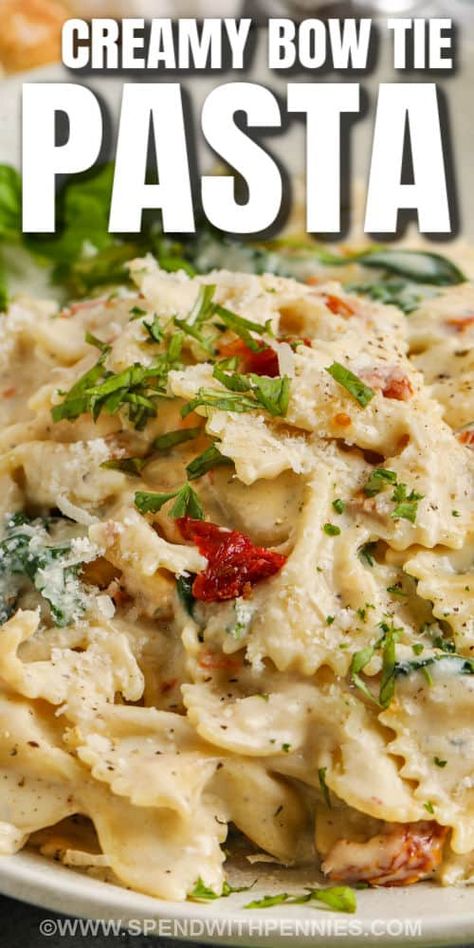 Bowtie Pasta Side Dish, Bow Tie Pasta With Sundried Tomatoes, Creamy Chicken Bowtie Pasta, Bow Tie Chicken Alfredo, Creamy Bow Tie Pasta Salad, Bow Tie Alfredo Pasta, Bow Tie Pasta Recipes Chicken Alfredo, Simple Bow Tie Pasta Recipes, Recipes With Bowtie Pasta