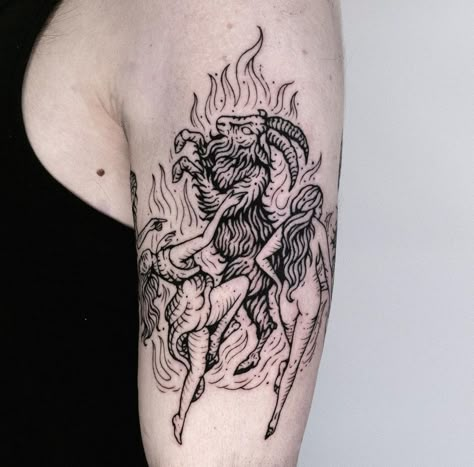 Tattoo Mythical Creatures, Witch Trials Tattoo, Creepy Witch Tattoo, Adam Eve Tattoo, Calliope Tattoo, The Vvitch Tattoo, Witches Sabbath Tattoo, Dark Occult Tattoo, Faun Tattoo