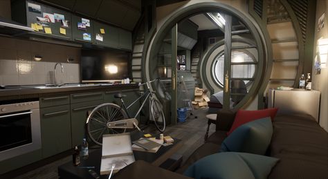 Scifi Apartment, Sci Fi Apartment, Sci Fi Home, Cyberpunk Apartment, Cyberpunk Interior, Sci Fi Room, Spaceship Interior, Sci Fi Design, Sci Fi Environment