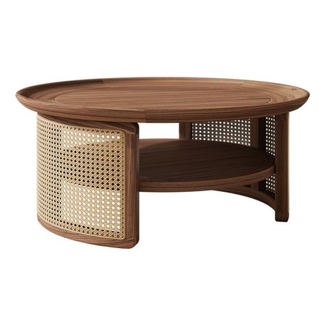 2-Tiered Japandi Round Walnut Wood Coffee Table with Storage Rattan Base Japandi Coffee Table, Teak Wood Coffee Table, Storage Rattan, Wood Coffee Table With Storage, Japandi Furniture, Round Center Table, Center Table Living Room, Loveseat Living Room, Coffee Table Modern