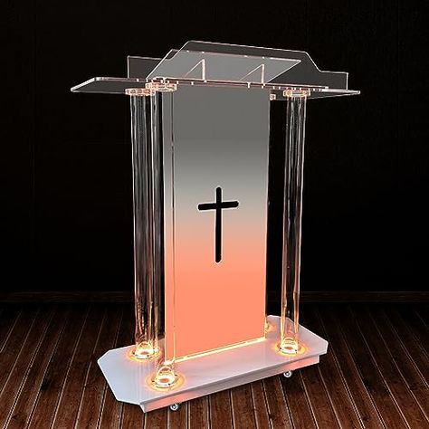 Church Pulpit with Hollow Cross Design,Led Acrylic Church Podium with Wheels& Vertical Reading Platform, 46”Transparent Lecterns for Churches,Classroom and Weeding Pulpit Decorations Church, Church Pulpit, Cross Design, Cross Designs, Weeding, Really Cool Stuff, Led Lights, Repair, Led